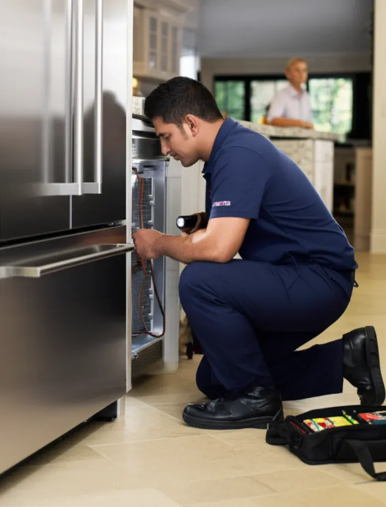 A person in dark workwear kneeling at an open stainless appliance door in a kitchen, with an open tool bag on the floor beside them