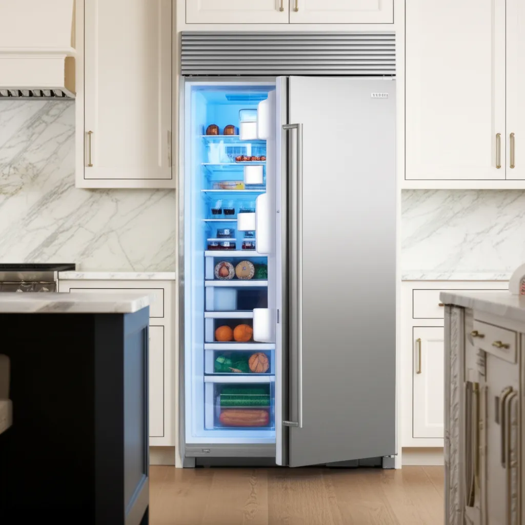 A tall built-in stainless refrigerator column standing open on stocked glass shelves, set into white cabinetry with a marble backsplash