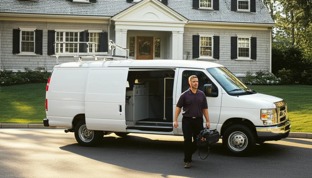 A plain white service van parked on a driveway with its side door slid open and a figure standing beside it, a clapboard colonial house behind