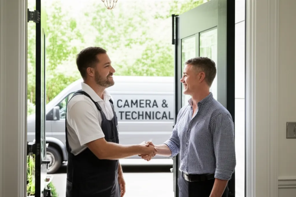 Two people shaking hands in an open front doorway with daylight behind them and a van parked at the kerb