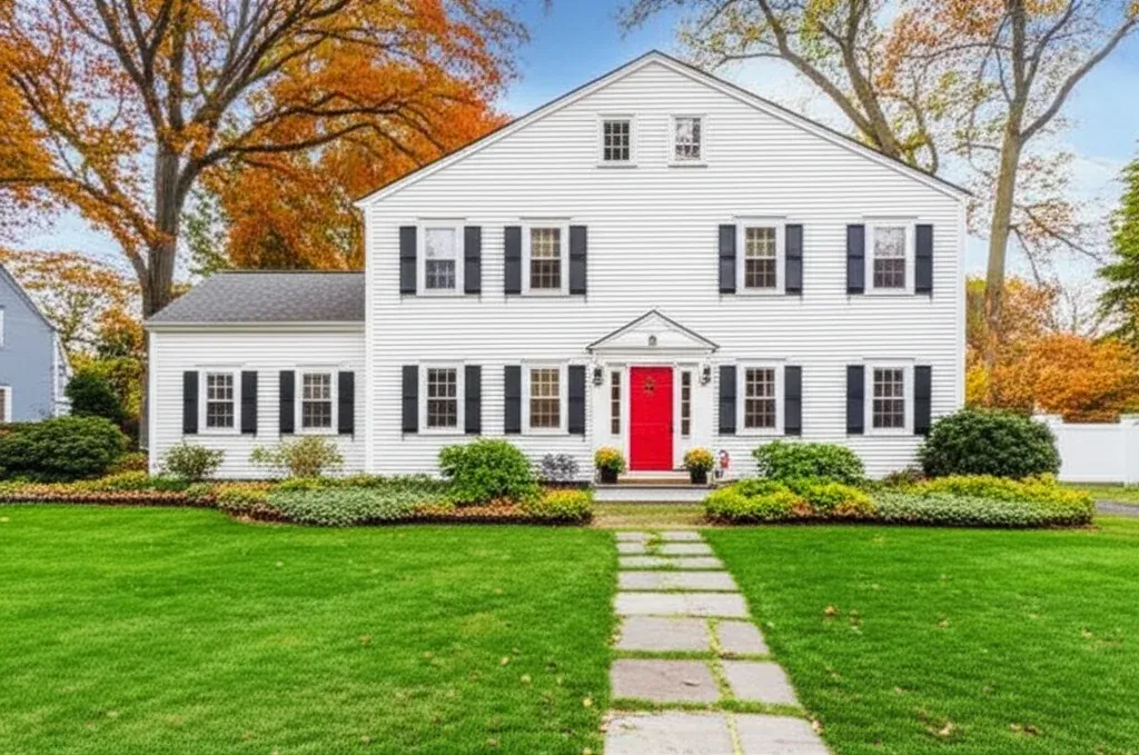 A white clapboard colonial house with black shutters and a red front door, a stone path across the lawn and a maple in autumn colour