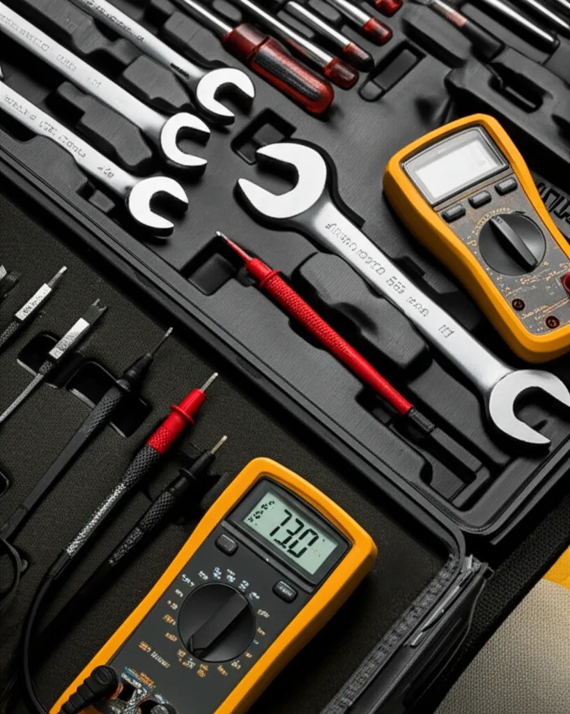 An open hard tool case holding combination wrenches, screwdrivers and a yellow digital multimeter with its test leads coiled beside it