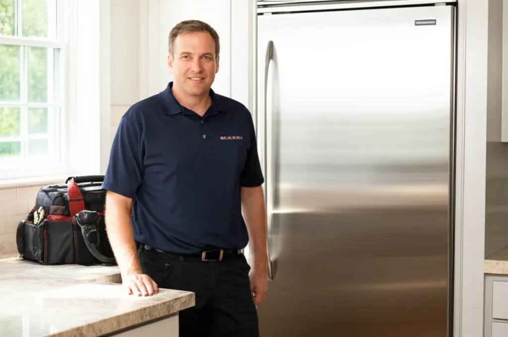 A person in a navy polo standing beside a full-height stainless refrigerator in a bright kitchen, a soft tool bag on the counter