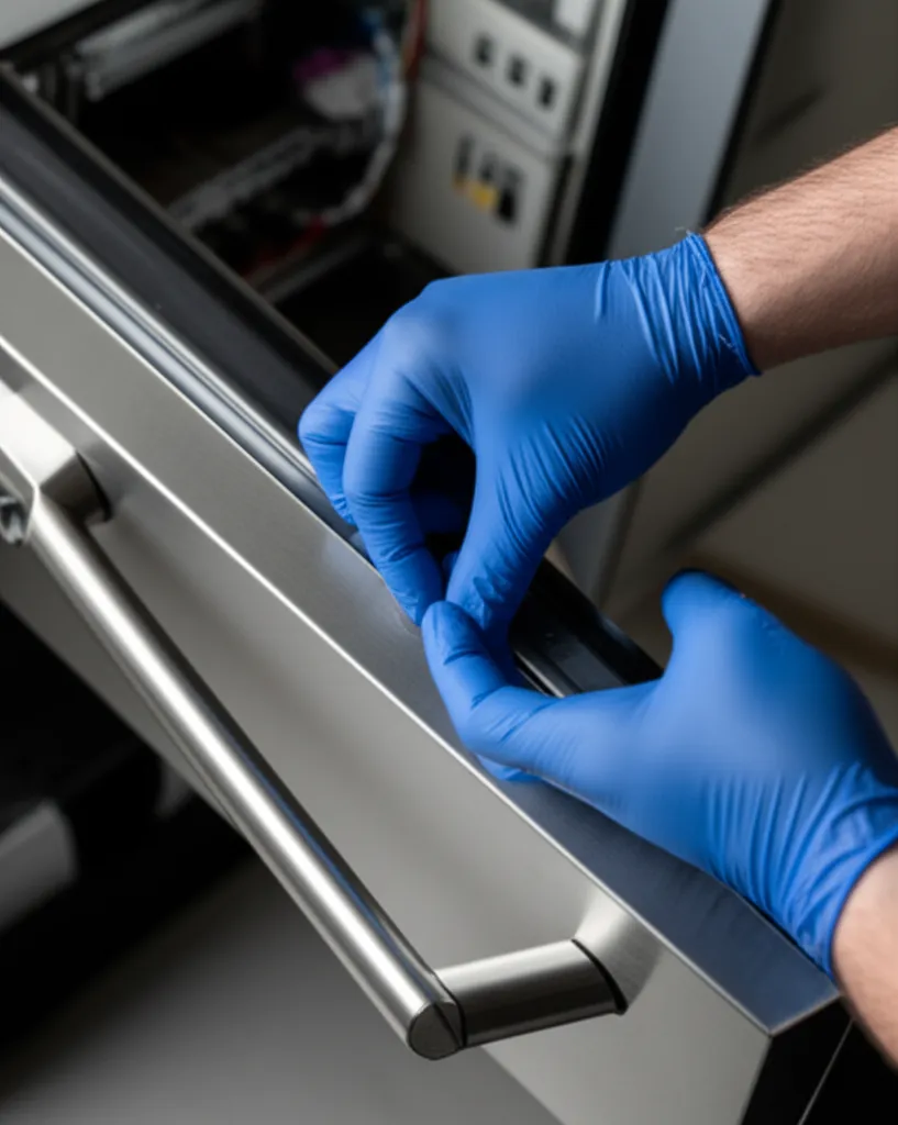 Blue-gloved hands at the top edge of a stainless appliance door with the control board and its wiring harness exposed along the edge